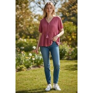 Solid V Neck Ruffles Elastic Waist Lace Up Salmon Colored  T-shirt Women's  16